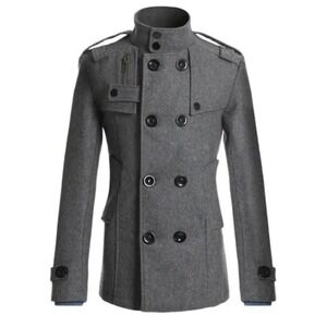 Men's European Mid Length Wool Blend Pea Coat Size Medium Gray Double Breasted